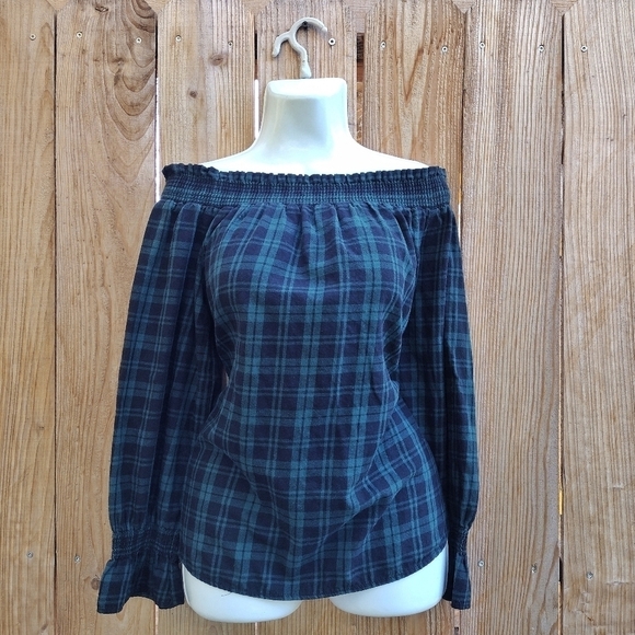 Beach Lunch Lounge - Plaid Off Shoulder Blouse - Picture 1 of 13
